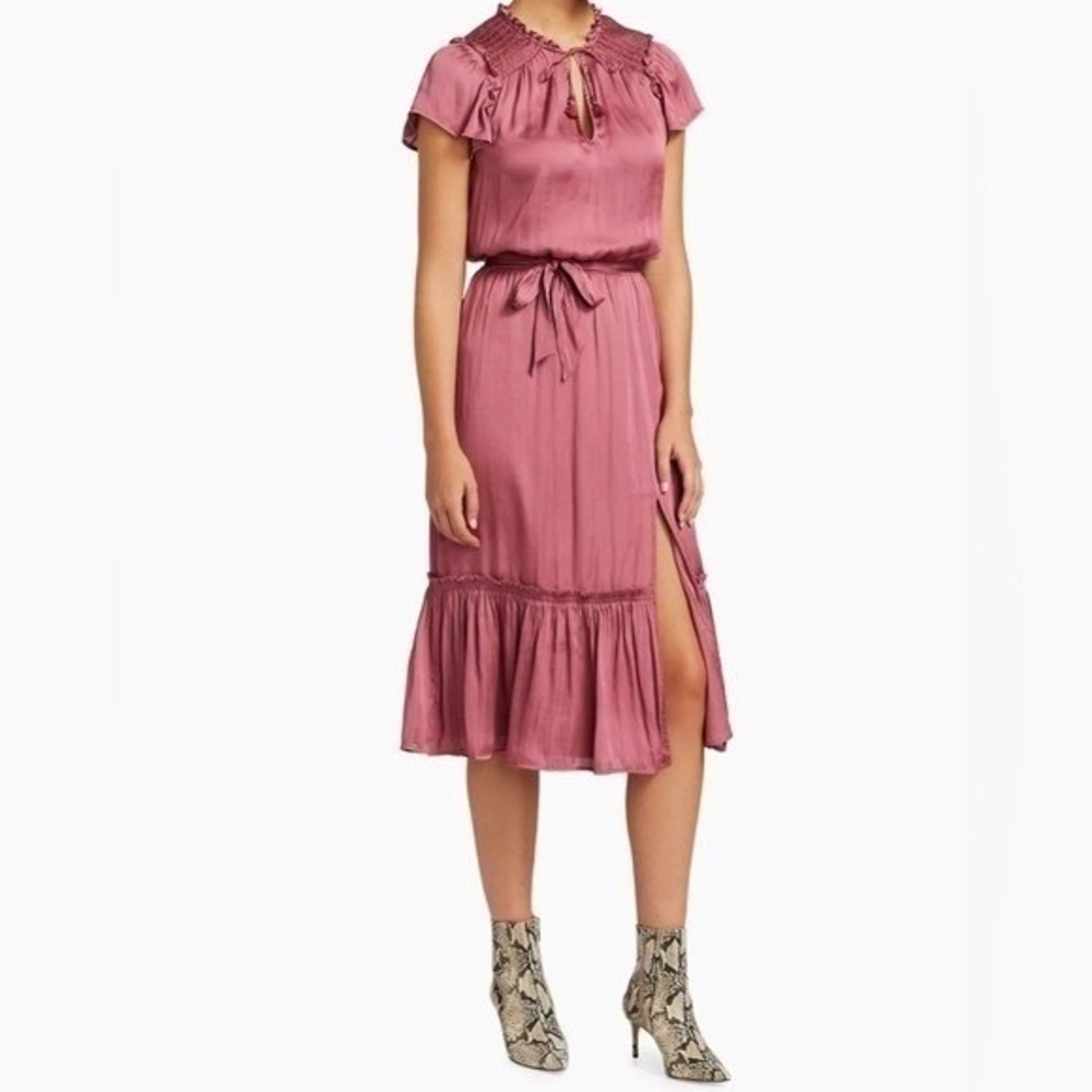 PAIGE‎ Laramie Dress Rose Pink Ruffle Flutter Sleeve Tiered Midi Dress Womens M